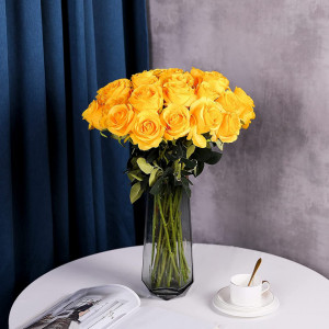 Set de 10 trandafiri artificiali Hawesome, matase/plastic, galben/verde, 54 cm - Img 4