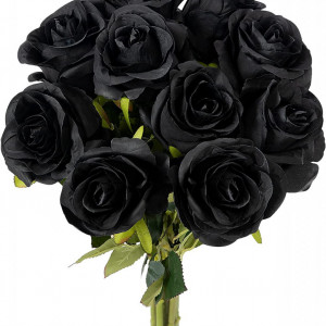 Set de 10 trandafiri artificiali Hawesome, matase/plastic, negru/verde, 54 cm - Img 1