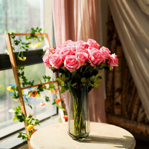 Set de 10 trandafiri artificiali Hawesome, matase/plastic, verde/roz 54 cm - Img 4