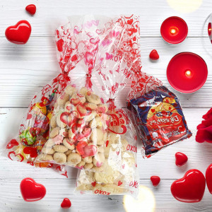 Set de 100 pungi pentru dulciuri Kesote, platic, transparent/rosu, 27,5 x 12,5 cm - Img 3
