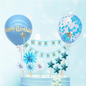 Set de 12 decoratiuni pentru decorare tort Hileyu, albastru/alb, latex/hartie - Img 1