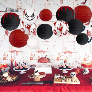 Set de 12 decoratiuni pentru Halloween AOBKIAT, alb/rosu/negru, hartie, 20 /25/ 30 cm - Img 4