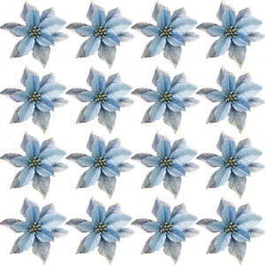 Set de 12 flori cu sclipici pentru bradul de Craciun Crazy Night, albastru, textil, 5,1 cm - Img 3