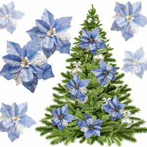 Set de 12 flori cu sclipici pentru bradul de Craciun KEPATO, albastru, textil, 22 cm