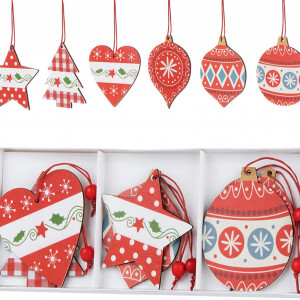 Set de 12 ornamente pentru brad Agoer, lemn, multicolor, 8-9 cm - Img 1