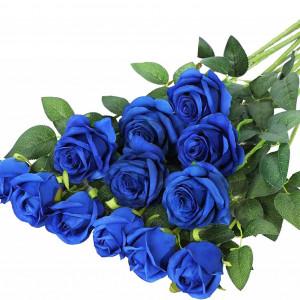 Set de 12 trandafiri artificiali Hawesome, matase/plastic, albastru/verde, 52 x 7 cm - Img 1