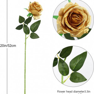 Set de 12 trandafiri artificiali Hawesome, matase/plastic, auriu/verde, 52 x 7 cm - Img 7