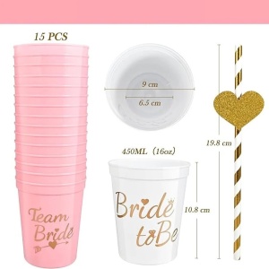 Set de 16 pahare cu paie Bride To Be, plastic, alb/roz/auriu, 450 ml