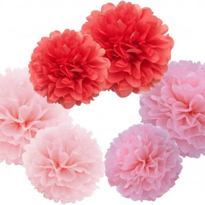 Set de 18 decoratiuni pompoms YLY's love, hartie, rosu/roz, 20/25 cm
