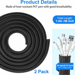 Set de 2 mansoane pentru cabluri HOOMIL,  material ignifug, negru, 2 x 1,5 m 