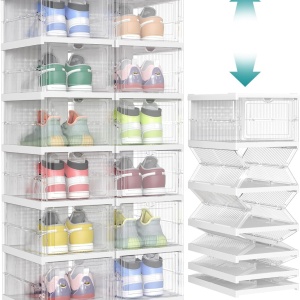 Set de 2 organizatoare pliabile pentru incaltaminte Songmics, polipropilena, transparent/alb, 51,2 x 35,5 x 105 cm