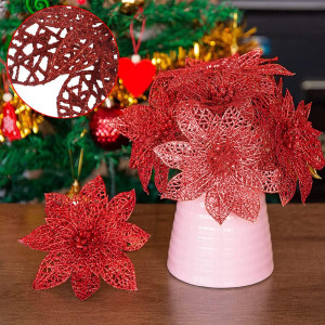Set de 24 flori pentru bradul de Craciun MEIYIFAN, textil/plastic, rosu/auriu, 15/22 cm