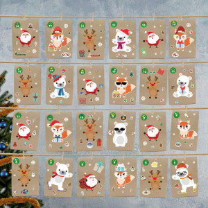 Set de 24 pungi cu autocolante si clips pentru calendar de Advent WEYON, hartie/lemn/textil, multicolor, 15 x 9 x 27 cm