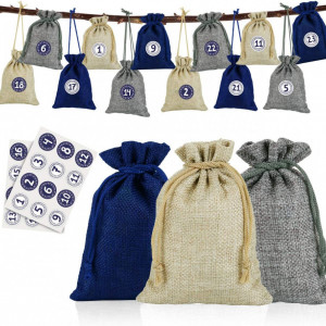 Set de 24 saculeti cu autocolante pentru calendar de advent Naler, textil/hartie, albastru/gri/bej, 10 x 14 cm/ 4 cm - Img 1