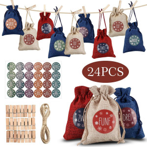 Set de 24 saculeti cu cleme si stickere pentru calendarul de advent ORLEGOL , lemn/textil/hartie, multicolor, 13,5 x 9,5 cm 