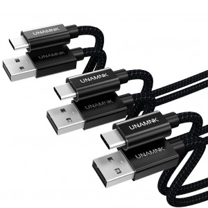 Set de 3 cabluri USB C 3.2A cu incarcare rapida UNAMNK, negru, nailon/metal, 0,5 m / 1 m / 3 m 