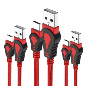 Set de 3 cabluri USB C JianHan, cupru/nailon, rosu/negru, 1/1,5 m
