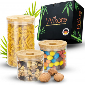 Set de 3 recipiente pentru alimente Wikoro, sticla/bambus, transparent/natur, 1000/500 ml - Img 1