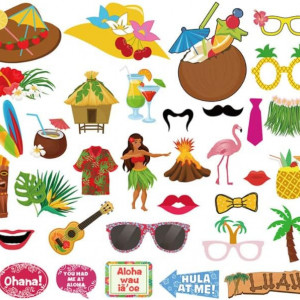 Set de 34 piese pentru recuzita foto Losuya, tematica Hawaiian, hartie, multicolor