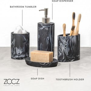 Set de 4 accesorii pentru baie Zccz, rasina, negru/alb/argintiu