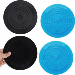 Set de 4 capace pentru scurgere chiuveta QSXX, silicon, negru/albastru, 15 x 15 cm
