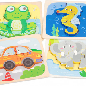 Set de 4 jucarii tip puzzle pentru copii SUNYOK, lemn, multicolor, 15 x 15 cm - Img 1
