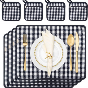 Set de 4 naproane si 4 coastere NEOVIVA, negru/alb, bumbac, 30 x 45 cm / 20 x 20 cm