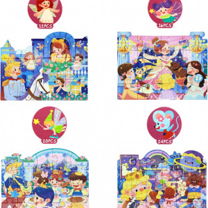 Set de 4 puzzle-uri cu dinozauri/printese PMGEKLP, 73 piese, carton, multicolor - Img 3