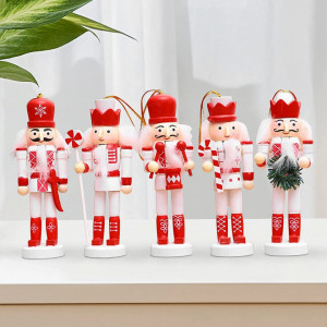Set de 5 figurine pentru Craciun LIROPAU, lemn, alb/rosu, 12 cm - Img 4
