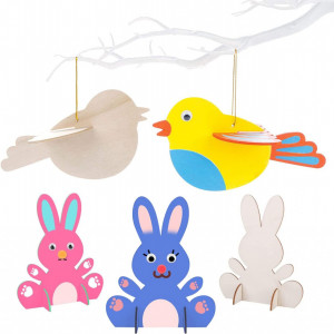 Set de 5 iepuri, 5 pasari si accesorii pentru decorat Yitla, lemn/plastic/textil, multicolor - Img 2