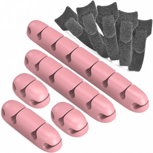 Set de 5 organizatoare de cablu si 5 benzi DAFROH, silicon/nailon, roz/gri inchis - Img 7