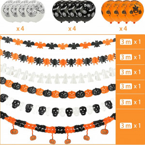 Set de 6 ghirlande si 12 baloane pentru Halloween Koogel, alb/negru/portocaliu, hartie/latex - Img 8