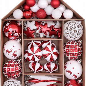Set de 70 ornamente pentru brad Victor's Workshop, plastic, alb/rosu, 3-6 cm - Img 1