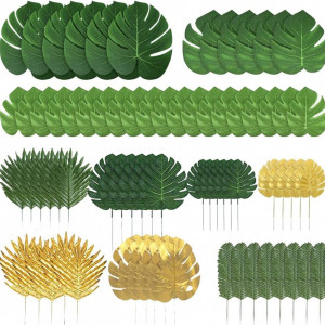 Set de 72 frunze tropicale artificiale pentru decorare petrecere Ksrnsne, verde/auriu, 14-5 - 40 cm