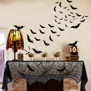 Set de autocolante cu lilieci pentru Halloween AJDSK, 28 piese, negru, PVC - Img 6