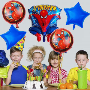 Set de banner si 5 baloane cu Spider-Man pentru aniversare copii Miotlsy, folie, multicolor, 45 cm 