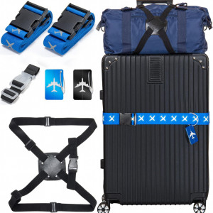 Set de curele si etichete pentru bagaje WIWJ, nailon/plastic, albastru/negru, 6 piese