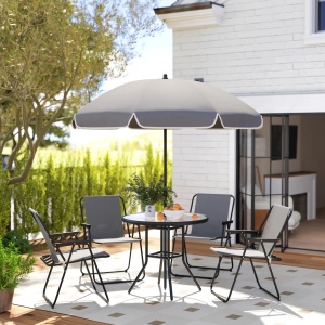 Set de gradina 6 piese, masa rotunda Ø80 cm, 4 scaune pliabile, umbrela Ø180 cm, blat sticla securizata, otel acoperit cu pulbere, textilina 530gsm, gri si negru - Verificat A · Re-Bloom - Img 2