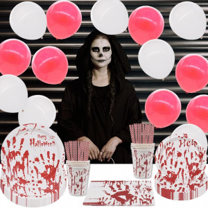 Set de petrecere pentru Halloween ZGCXRTO, latex/hartie, alb/rosu, 89 piese - Img 5