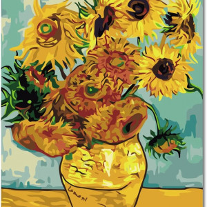 Set de pictura cu numere Boshun, vopsea acrilica, model floarea soarelui, galben/verde/maro, 40 x 50 cm