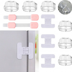 Set de protectii si incuietori pentru frigider si aragaz pentru siguranta copiilor Cantik, plastic, transparent/alb/roz