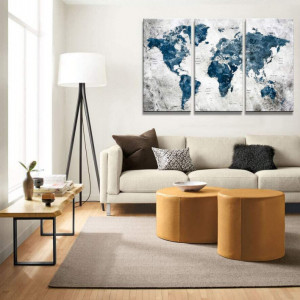Set de tablouri KEKEMONO, 3 piese, model harta lumii, panza, gri/albastru inchis, 40 x 80 cm - Img 2