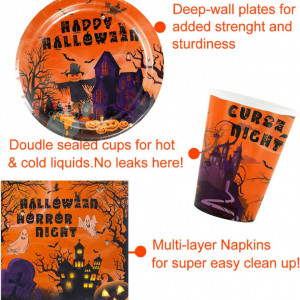 Set de tacamuri pentru petrecere Halloween Miotlsy, carton/polietilena, portocaliu, 81 piese, 10 persoane - Img 3
