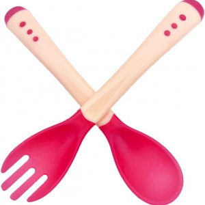 Set furculita si lingura pentru copii FYACCD, polipropilena, bej/roz, 14 cm - Img 1