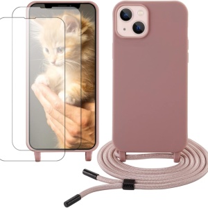 Set husa cu snur si 2 folii de protectie pentru iPhone 13 Gumo, TPU/poliester/sticla securizata, roz/transparent, 6,1 inchi