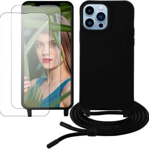 Set husa cu snur si 2 folii de protectie pentru iPhone 13 Pro Max Gumo, TPU/poliester/sticla securizata, negru/transparent, 6,7 inchi