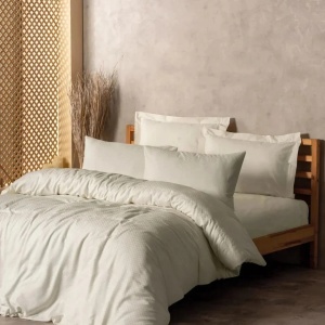 Set husa pilota + fata de perna, bumbac ranforce 100%, 135x200 cm + 80x80 cm, inchidere nasturi, bej - Verificat A · Re-Bloom