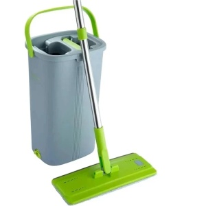 Set mop si galeata, mop plat cu maner din otel inoxidabil, galeata inovatoare cu doua camere pentru utilizare umeda si uscata, 1 Rezerva, Resigilat, Grad A