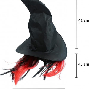 Set palarie de vrajitoare cu peruca pentru Halloween Perfest, textil, rosu/negru, 42 x 42 cm