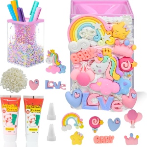 Set suport si 11 decoratiuni pentru pixuri Ulikey, plastic, multicolor, 6,8 x 6,8 x 10,8 cm